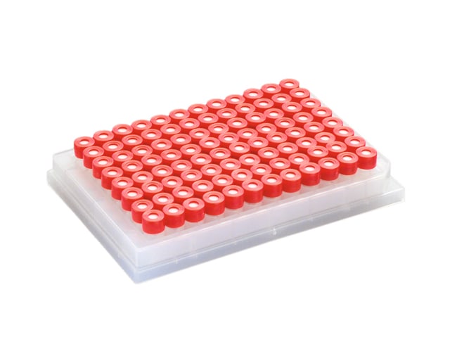 Fisherbrand&trade;&nbsp;Plaque à 96 puits en PP avec 96 inserts en verre et bouchons à clipser en PE avec septum