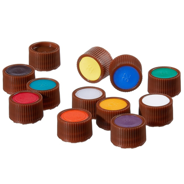 Thermo Scientific&trade;&nbsp;Bouchons ambrés à profil haut en PPCO Nalgene&trade; avec inserts de couleur pour flacons de micro-conditionnement : stériles, conditionnés en vrac, jaunes