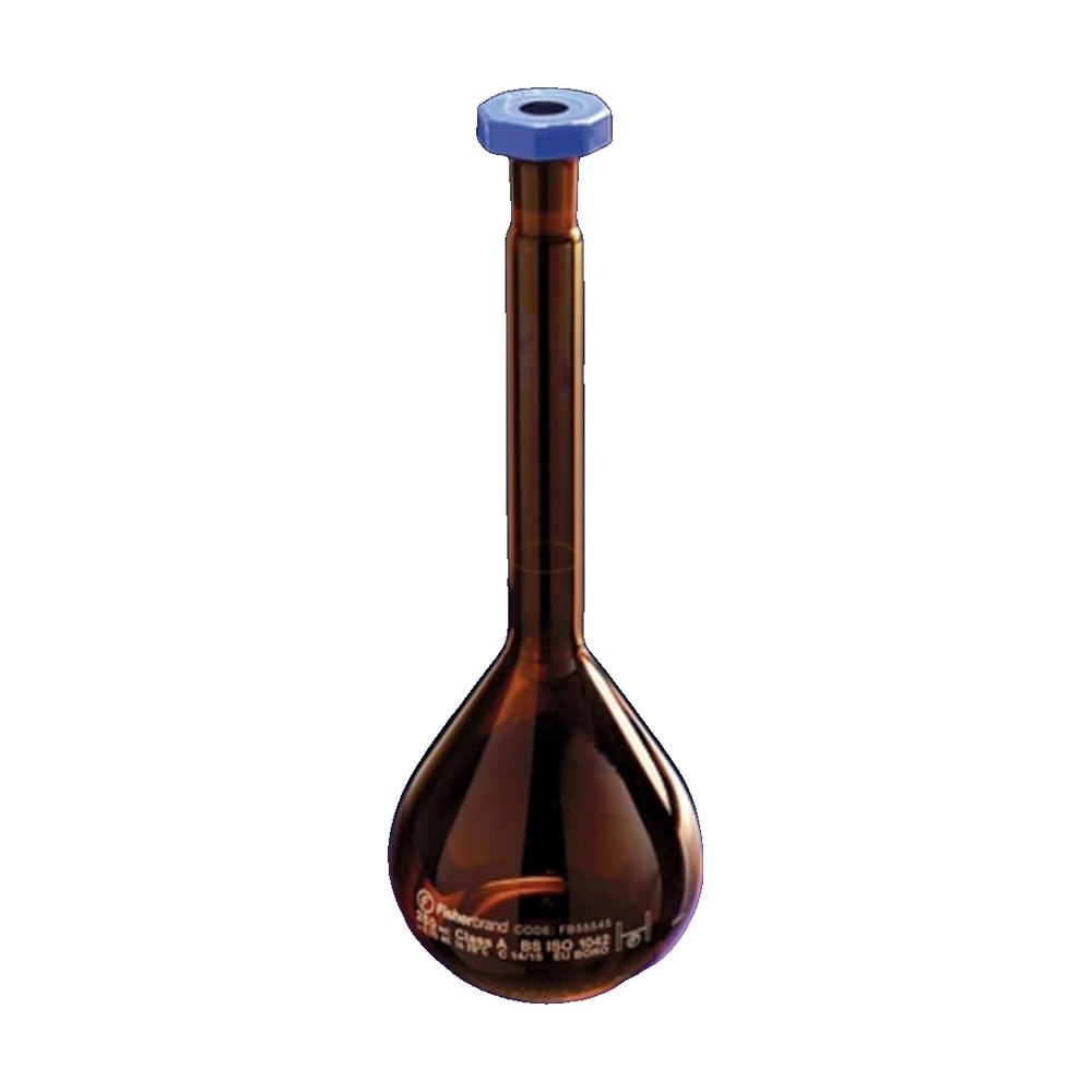 Fisherbrand&trade;&nbsp;Fiole jaugée classe A en verre borosilicaté ambré avec bouchon