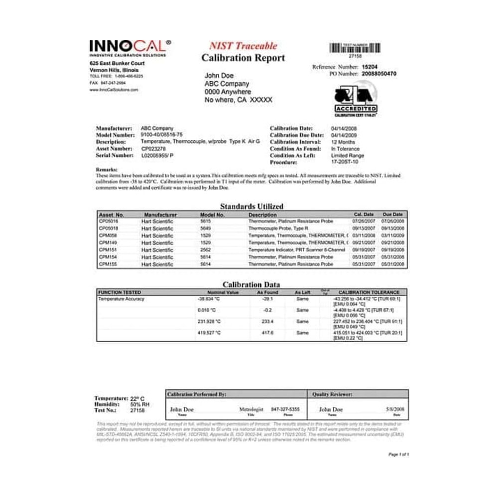Cole-Parmer&trade;&nbsp;Étalonnage InnoCaltrade; à traçabilité NIST
