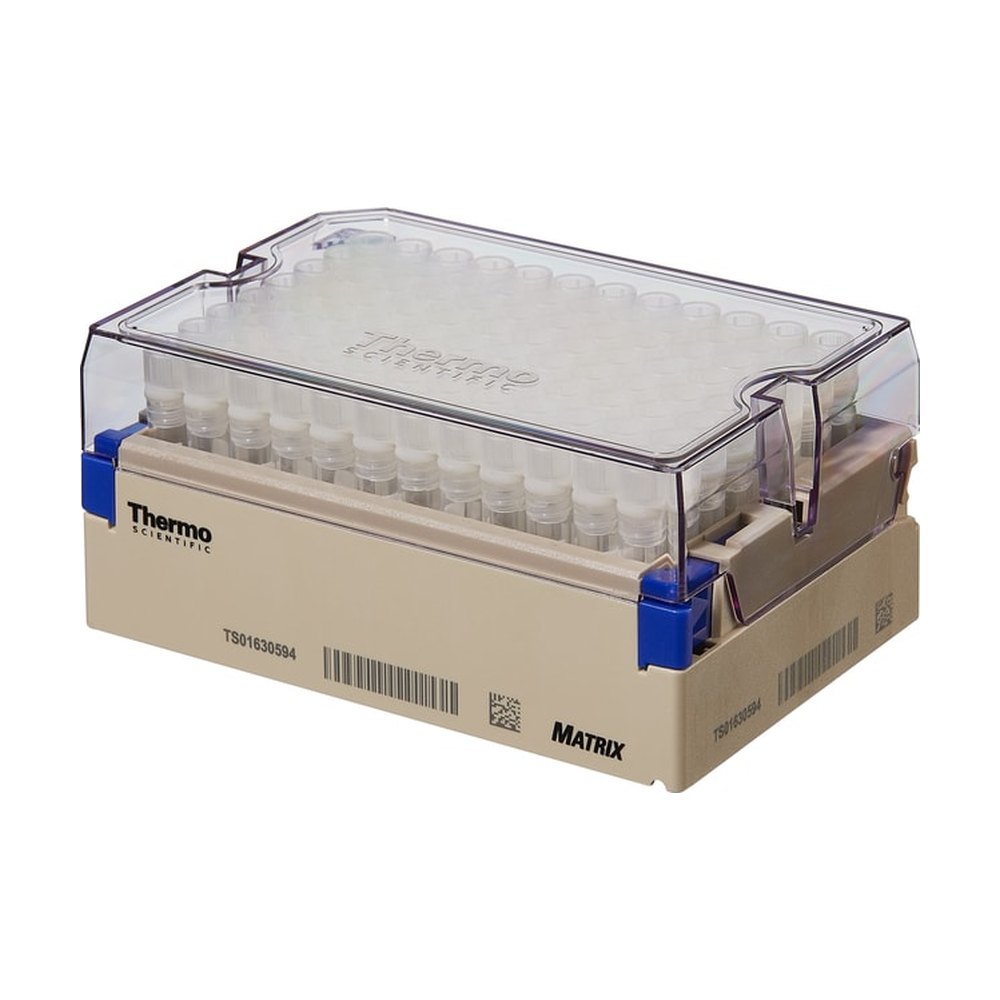 Thermo Scientific&trade;&nbsp;Tubes Matrix&trade; de 1.0 ml avec bouchon vissé et fond en V dans portoir verrouillable à code-barres, ambré / rouge