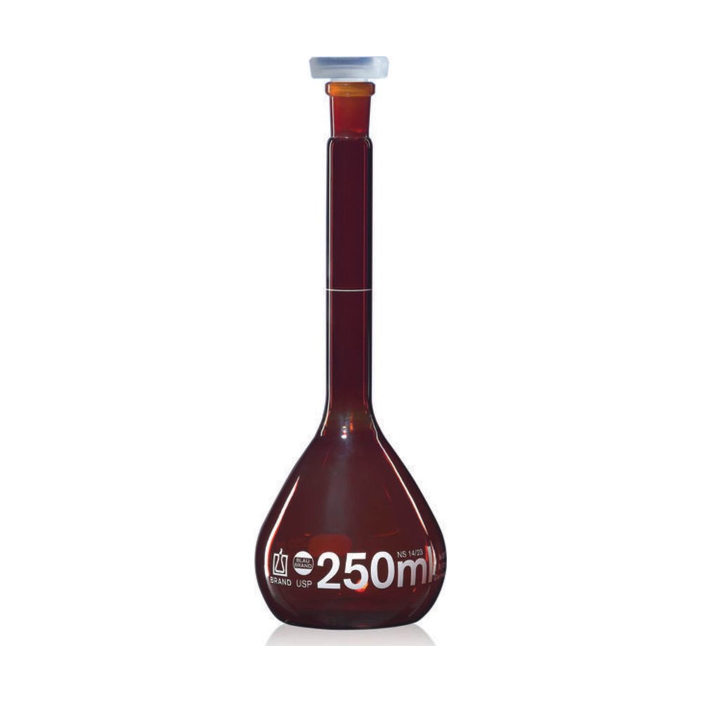 BRAND&trade;&nbsp;Fiole jaugée en verre borosilicaté ambré, classe A, avec bouchon en polypropylène