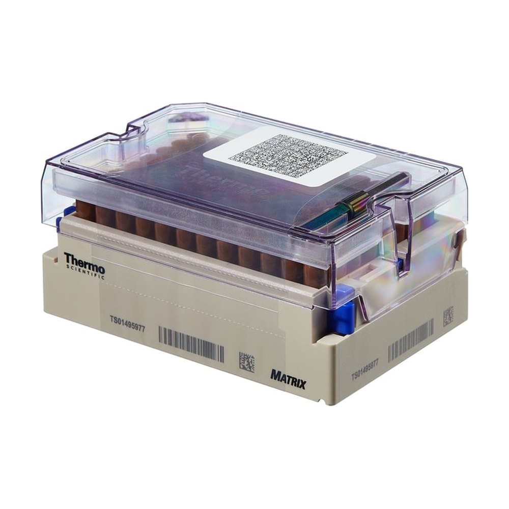 Thermo Scientific&trade;&nbsp;Tubes Matrix&trade; de 1.0 ml avec bouchon vissé et fond en V dans portoir verrouillable à code-barres, ambré / rouge
