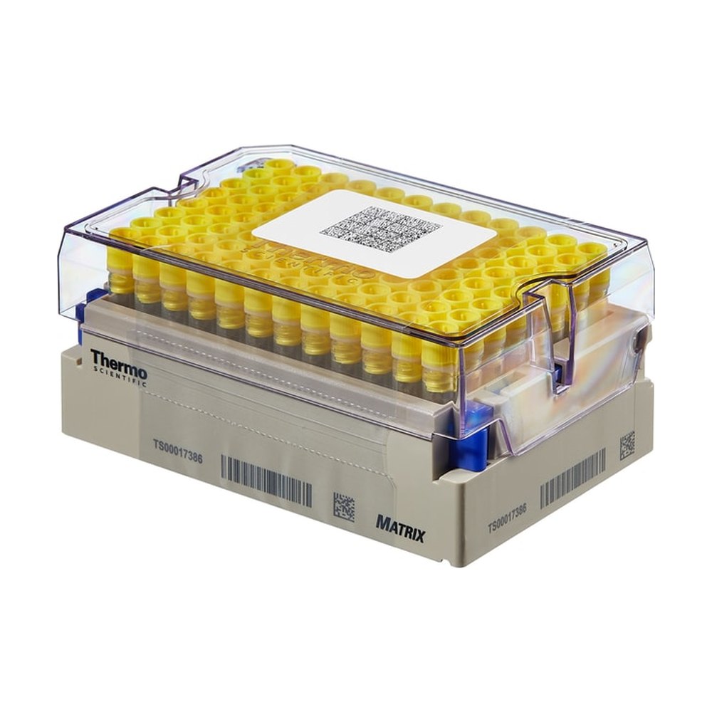 Thermo Scientific&trade;&nbsp;Tubes Matrix&trade; de 1.0 ml avec bouchon vissé et fond en V dans portoir verrouillable à code-barres, ambré / rouge