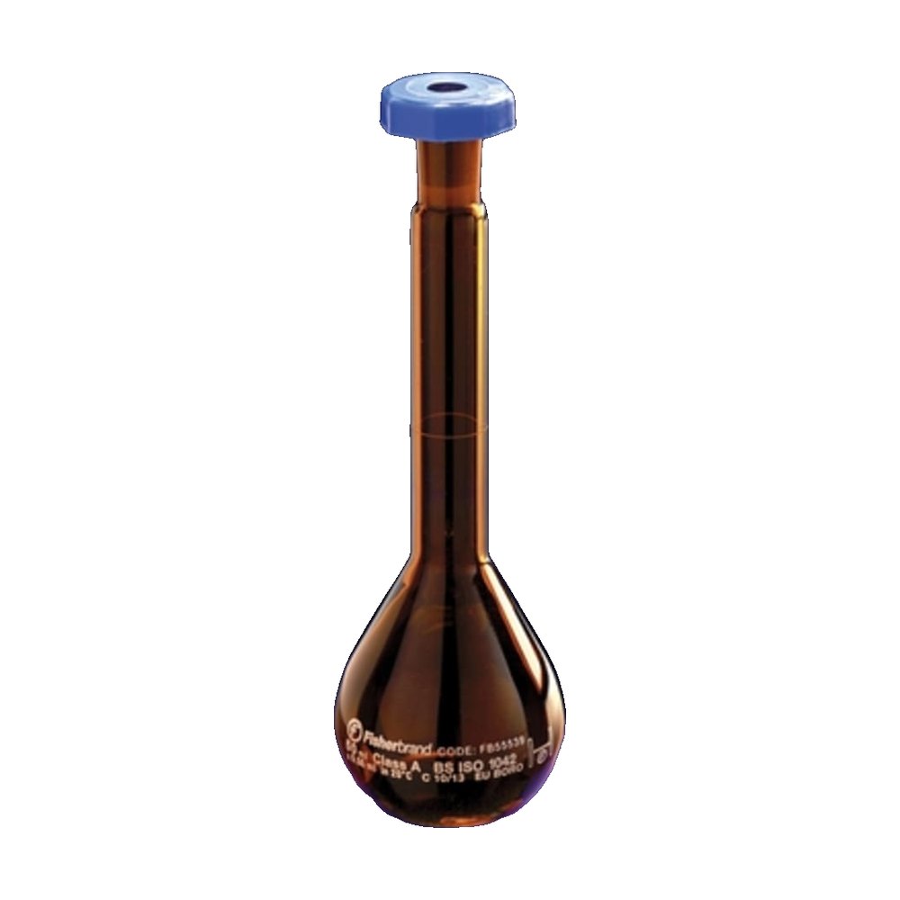 Fisherbrand&trade;&nbsp;Fiole jaugée classe A en verre borosilicaté ambré avec bouchon