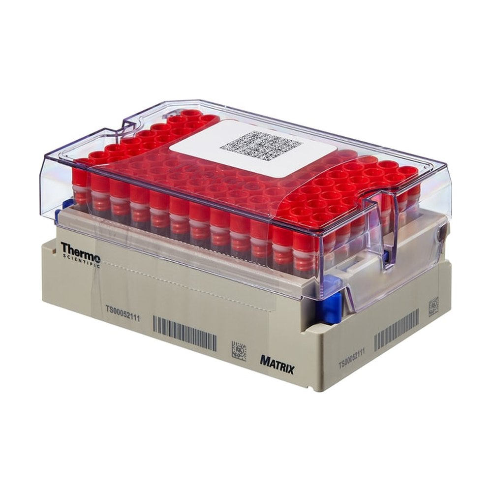 Thermo Scientific&trade;&nbsp;Tubes Matrix&trade; de 1.0 ml avec bouchon vissé et fond en V dans portoir verrouillable à code-barres, ambré / rouge