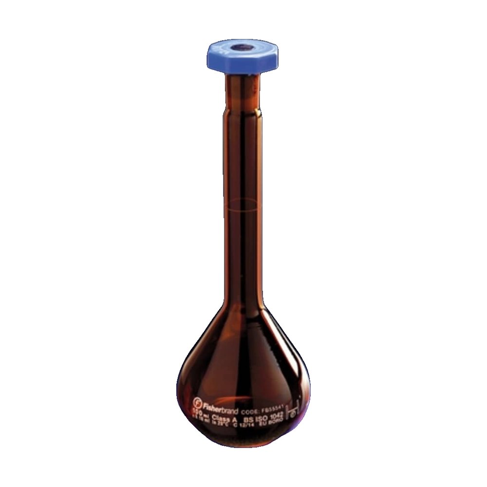 Fisherbrand&trade;&nbsp;Fiole jaugée classe A en verre borosilicaté ambré avec bouchon